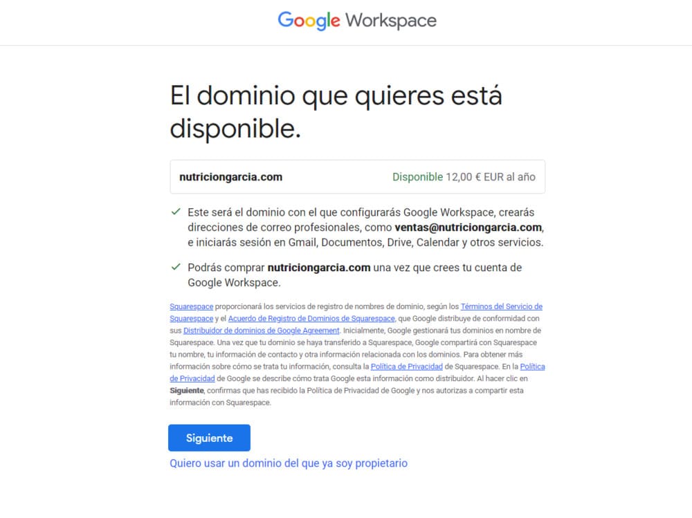 configuracion de dominio en workspace