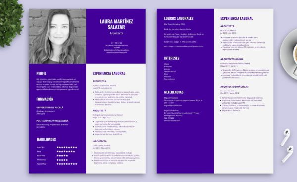plantilla de currículum creativo violeta a descargar 2 paginas