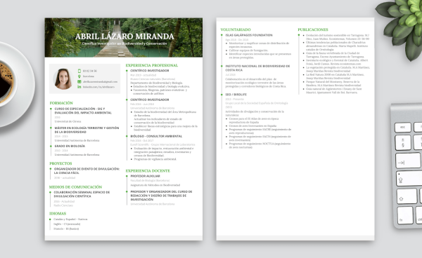 plantilla de currículum creativo verde a descargar 2 paginas