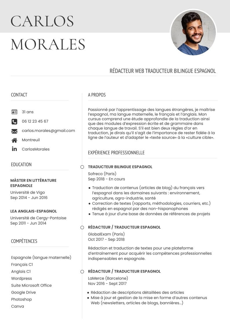 cv de traductor en francés